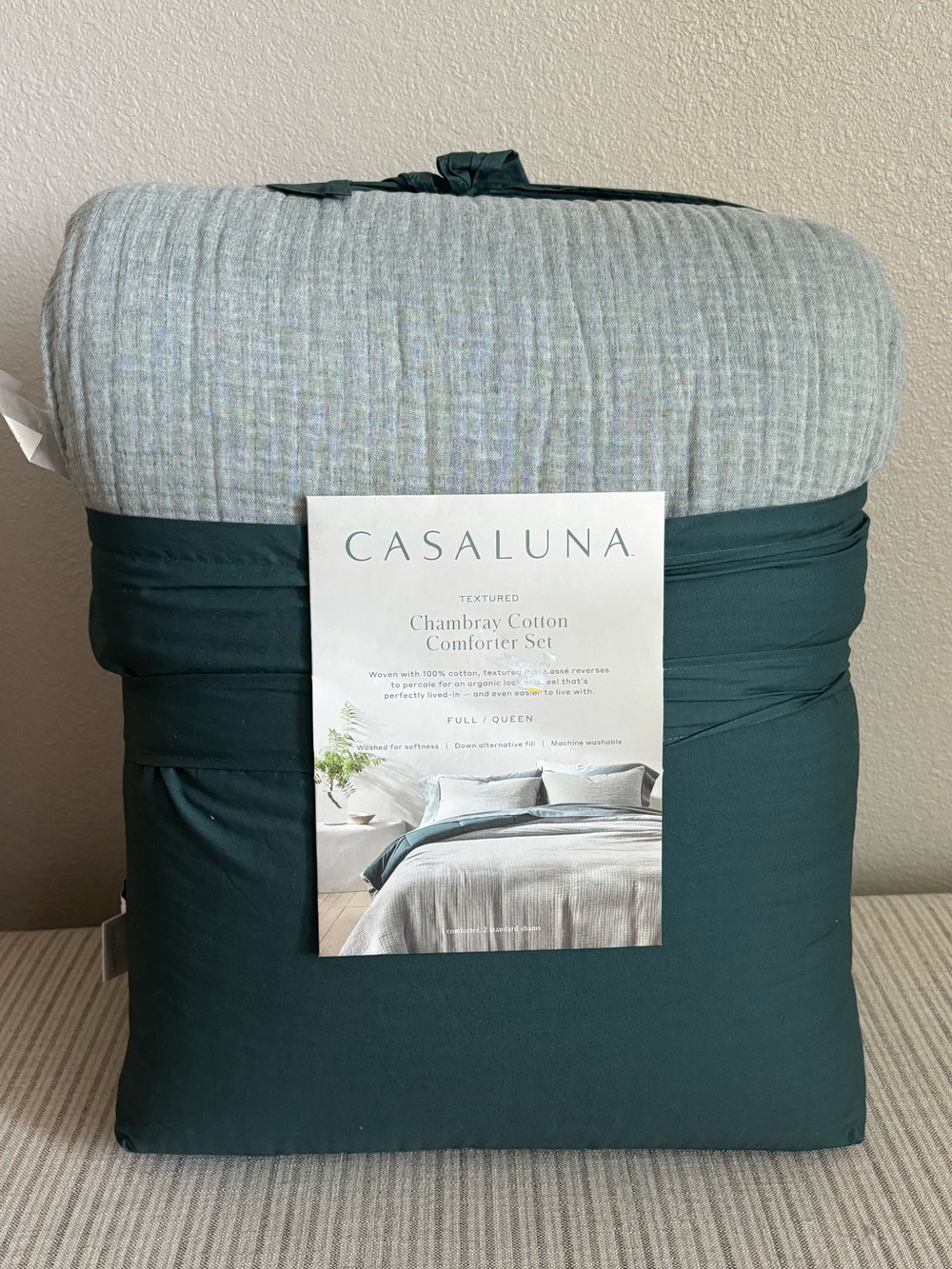 NWT Full/Queen Textured Chambray Comtorter & Sham Set Dark Teal Blue - Casaluna